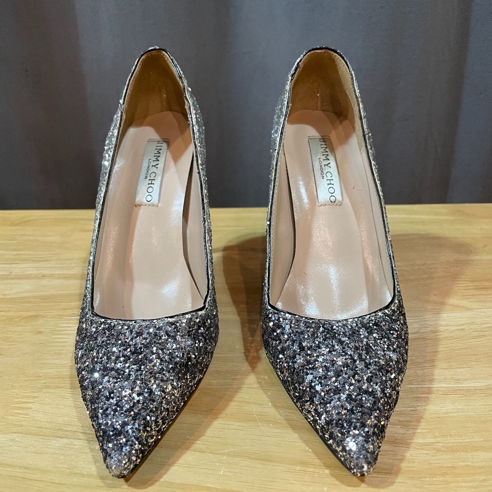 Jimmy Choo 4” silver sparkle Romy glitter pumps